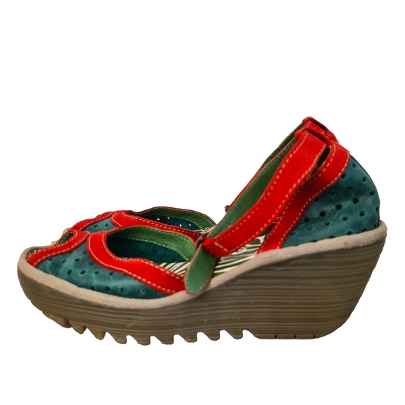 Fly London Shoes - Fly London Ydel Sandals Petrol Red Perforated Leather Wedge Heel UK 4 Size 37